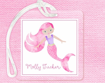 Personalized Mermaid Bag Tag Girl Luggage Tag Diaper Bag Tag Laminated Watercolor Pink Purple Square Bag Tag