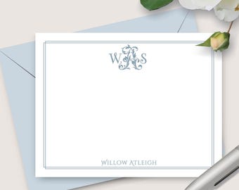 Personalized Women's Monogram Stationery, Ladies Flat Note Cards & Envelopes, Stationary Set for Girls, Script Initial, Custom Gift for her