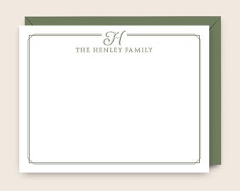 Personalized Family Monogram Stationery Set of Flat Note Cards with Envelopes, Custom Family Gift, Modern Script Initial, Choose Colors