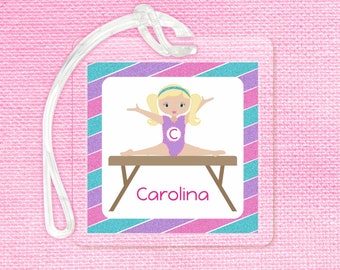 Personalized Bag Tag Girl Luggage Tag Gymnastics Bag Tag Gym Bag Tag, Laminated Blonde Brunette Redhead or Pink Hair Girl Gymnast