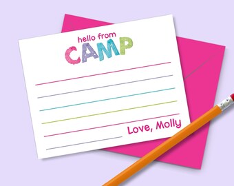 Personalized Camp Stationery for Girls Fill in the Blank Note Cards, Kids Summer Notecards, Cute Colorful Lined Stationary Set and envelopes