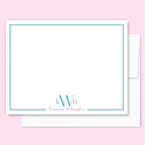 Personalized Monogram Note Card Set Women&#39;s Stationery, Stationary Set with Envelopes, Initials Flat Notecards, Pink Turquoise Blue