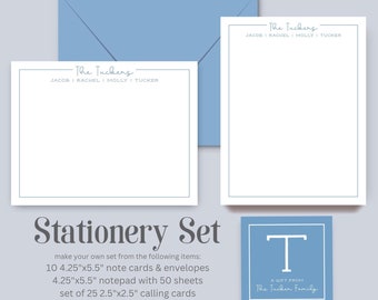 Personalized Family Stationery Set, Flat Note Cards, Family Calling Cards, Gift Enclosure Cards, Family Notepad, Choose Bundle Items & Color
