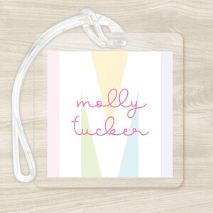 Personalized Monogram Girl Bag Tag, Preppy Bag Tag, Laminated Luggage Tag, School Backpack Bag Tag, Pink Purple Color block, Diaper Bag Tag