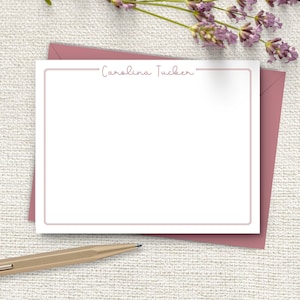 Personalized Stationery with Border, Women's Flat Note Card Set, Family Name Notecards, Custom Script Stationery Gift, Pick color
