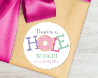 Personalized Thank You Stickers for Kids, Cute Round or Square Stickers or Square Birthday Favor Gift Tags, Thanks a HOLE Bunch Donut