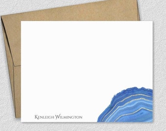 Personalized Note Card Set, Blue Gold Agate Stationery, Custom Women's Stationary Set, Watercolor Marble Geode Notes Set with Envelopes