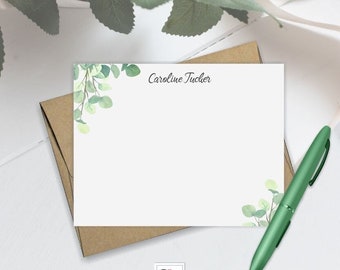 Eucalyptus Personalized Note Cards, Watercolor Greenery Personalized Stationery, women's stationary Set of flat notecards, custom gift