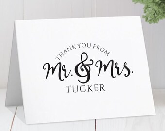 Mr. & Mrs. Wedding Thank You Cards, Elegant Script Thank You Notes, simple minimalist SET of folded cards w/ white or brown/kraft envelopes