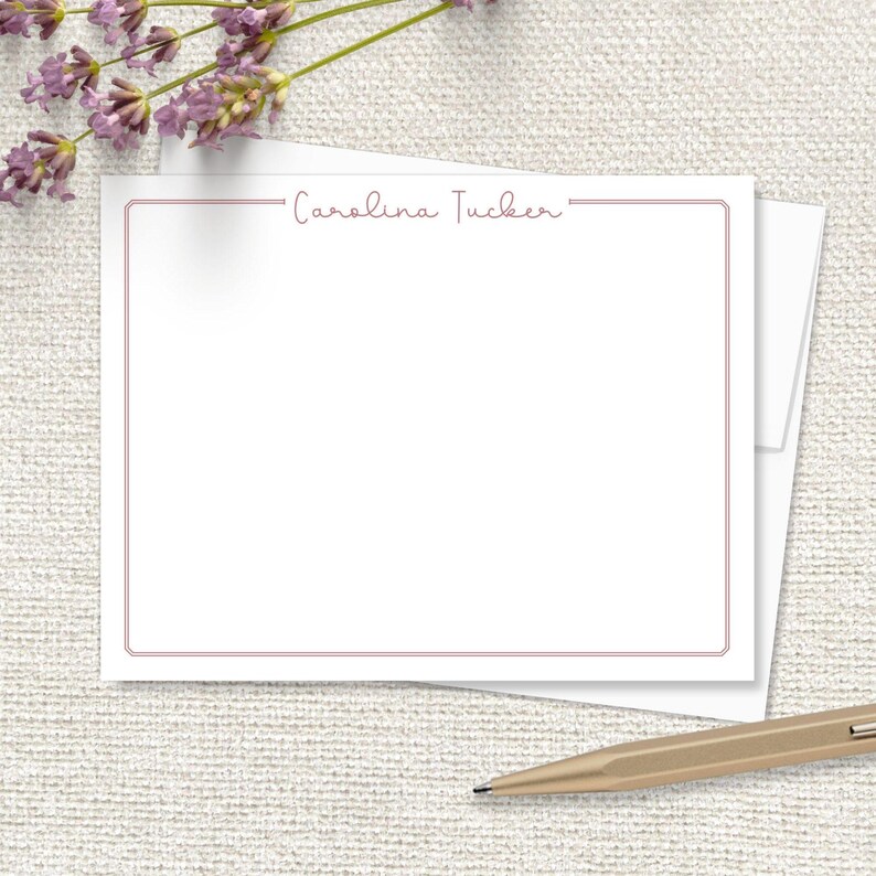 Personalized Stationery With Border, Women's Flat Note Card Set, Family ...