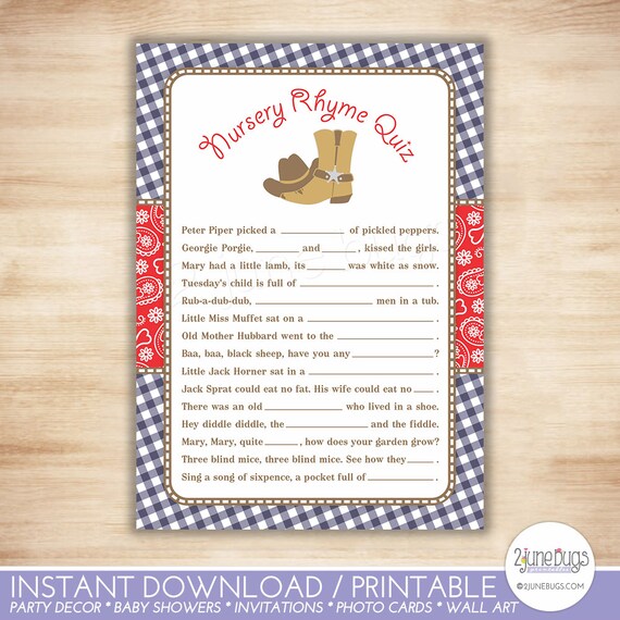 Cowboy Nursery Rhyme Quiz Baby Shower Activity Western Boy Baby Cowboy Nursery Rhyme Quiz Baby Shower Activity Western Boy Baby