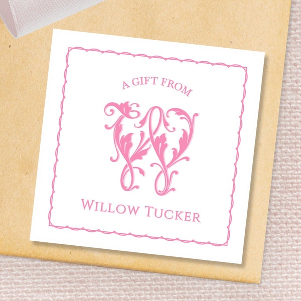 Personalized Women's Calling Cards with Floral Monogram Square Stickers Elegant Gift Tags Fancy Pink Initial Enclosure Cards Girly or Labels