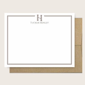 Personalized Monogram Stationery Set of Men's Monogram Notecards Masculine Initial Stationary Custom Gift Monogram Flat Note Cards, brown image 4