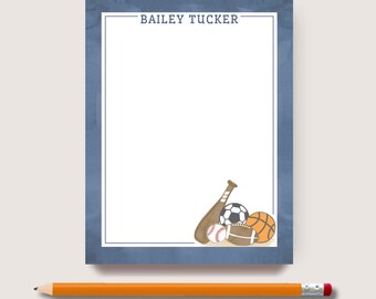 Personalized Sports Notepad, Custom Writing Pad with Baseball, Basketball, Football or Soccer, Sports Lover Stationery, Watercolor