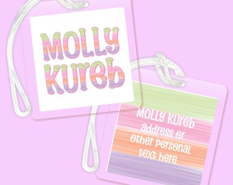 Personalized Bag Tag for Girls Backpack, Luggage Tag, Diaper Bag Tag, Laminated Watercolor Pink Purple Green, Back to School Tag, Colorful
