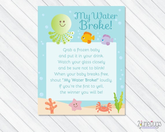 Under The Sea My Water Broke Baby Shower Game Sign In Blue Beach