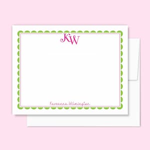 Personalized Monogram Note Card Set Women&#39;s Stationery, Stationary Set with Envelopes, Initials Flat Notecards, Hot Pink Green Scalloped