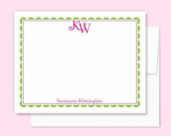 Personalized Monogram Note Card Set Women's Stationery, Stationary Set with Envelopes, Initials Flat Notecards, Hot Pink Green Scalloped