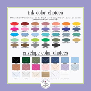 May include: A chart displaying ink and envelope color choices. Ink colors include red, magenta, and turquoise. Envelope colors include ebony, forest green, and imperial blue. The text reads "ink color choices" and "envelope color choices".