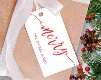 Personalized Merry Christmas Gift Tags, Modern Script Family Holiday Hang Tag 2"x3.5"