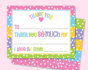 Kids Fill In the Blank Thank You Notes, Girls Thank You Note Cards, Girls Blank Thank You Cards, 2-sided Cute Colorful Polka Dots with Heart