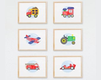 Boy Nursery Wall Art Prints, Transportation Wall Art Nursery Decor, Vehicle Nursery Art for Boy Bedroom Playroom, Set of 6 PRINTS UNFRAMED