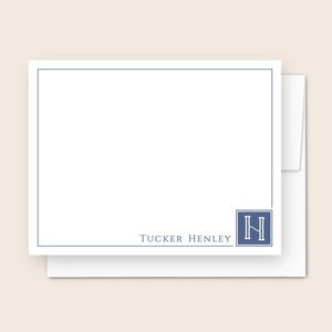 Personalized Stationery for Men, Monogrammed Note Cards with Masculine Initial, Monogram Flat Notecards, Custom Navy Blue Stationary