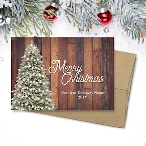 Personalized Christmas Cards with Envelopes, Rustic Merry Christmas Tree Note Card Set, Custom Watercolor Family or Company Christmas Card