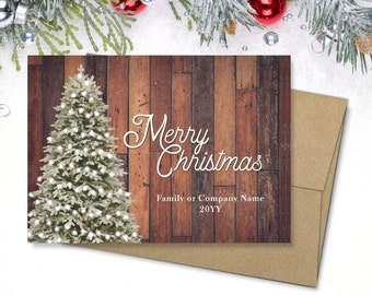 Personalized Christmas Cards with Envelopes, Rustic Merry Christmas Tree Note Card Set, Custom Watercolor Family or Company Christmas Card