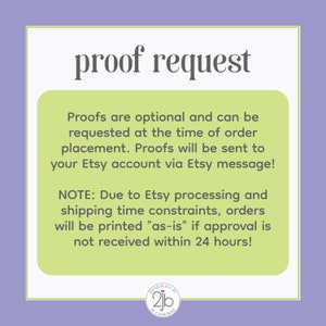 May include: A square graphic with a purple border and white inner border. The text "proof request" is at the top. A green rectangle contains text about proofs being optional and sent via Etsy message. The logo for Doodlelulu by 2 June Bugs is at the bottom.