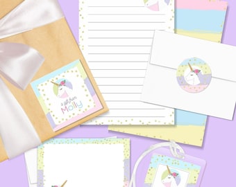 Personalized Stationery Gift Set for Girls Letter Writing Kit with Round Address Stickers, Note Cards, Enclosure Cards, Watercolor Unicorn