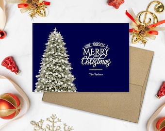 Personalized Christmas Cards with Envelopes, Watercolor Christmas Tree Navy Blue Note Card Set, Custom Holiday Greeting Cards