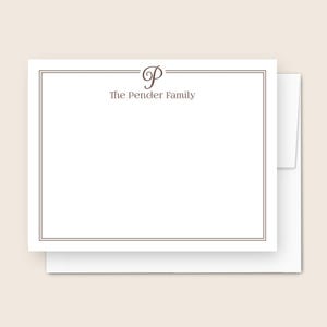 May include: White stationery with a brown border and the text "The Pender Family". The stationery has a brown "P" initial and is accompanied by a white envelope. The stationery is rectangular.