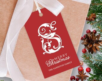 Personalized Monogram Christmas Gift Tags, Elegant Family Initial Hanging Gift Tags with string, Holiday Party Favor Tags, Red or Green