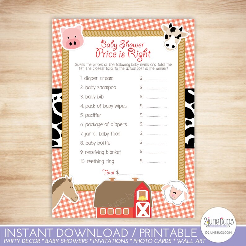 Farm Price Is Right Baby Shower Game Barnyard Animals Baby Etsy