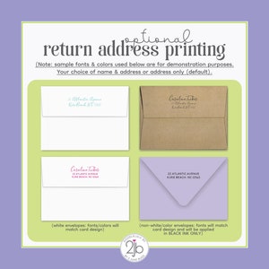 May include: Image showcasing examples of optional return address printing on envelopes. The image features white, kraft, and lavender envelopes with various font and color options for demonstration. Text includes "optional return address printing".