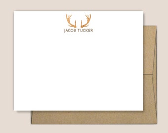 Personalized Stationery Set, Deer Personalized Stationery, Men's Stationary Set with Envelopes, Hunter Hunting Flat Notecards, Deer Antlers