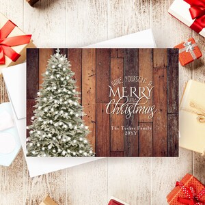Personalized Christmas Cards with Envelopes, Rustic Christmas Tree Note Card Set, Custom Holiday Greeting Cards, watercolor on wood