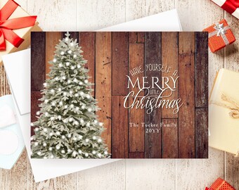 Personalized Christmas Cards with Envelopes, Rustic Christmas Tree Note Card Set, Custom Holiday Greeting Cards, watercolor on wood