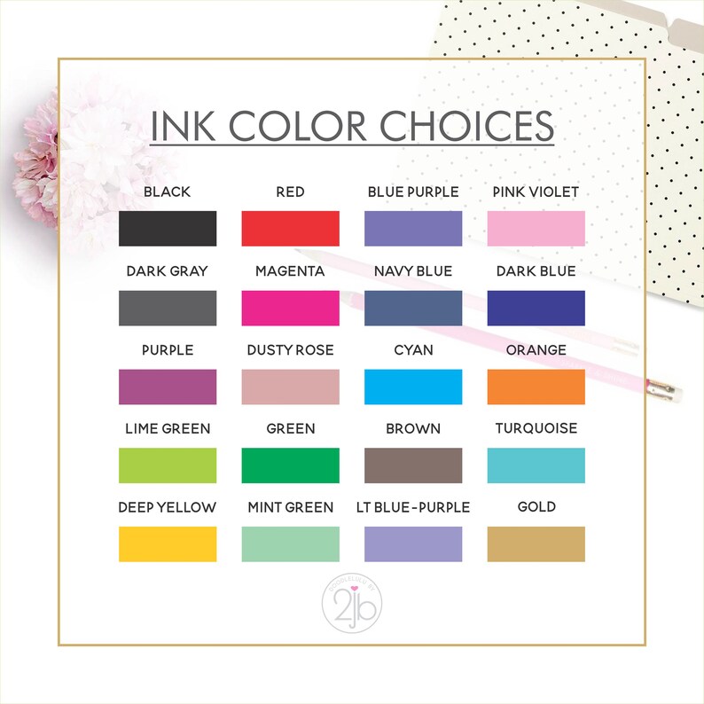 May include: A chart showing ink color choices for a project. The colors include black, red, blue purple, pink violet, dark gray, magenta, navy blue, dark blue, purple, dusty rose, cyan, orange, lime green, green, brown, turquoise, deep yellow, mint green, light blue-purple, and gold.