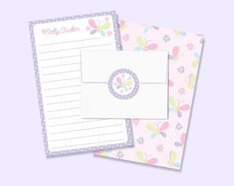 Personalized Girl's Stationery Letter Paper, Butterfly Letter Writing Set, custom lined stationary for kids, note from summer camp, pen pals