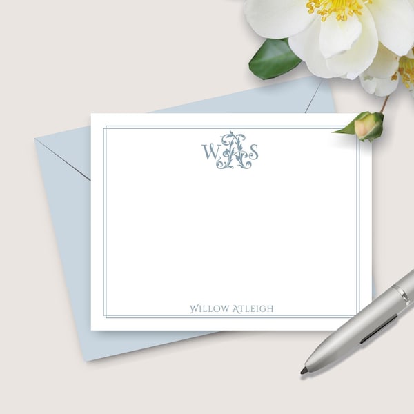 Personalized Women's Monogram Stationery, Ladies Flat Note Cards & Envelopes, Stationary Set for Girls, Script Initial, Custom Gift for her