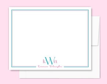 Personalized Monogram Note Card Set Women's Stationery, Stationary Set with Envelopes, Initials Flat Notecards, Pink Turquoise Blue