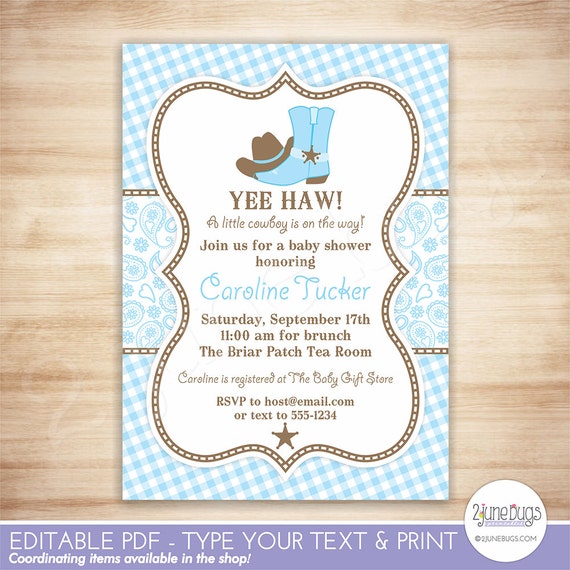 Cowboy Baby Shower Invitation Country Western Boy Light Blue And Brown Paisley Gingham Editable Pdf Instant