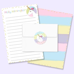 Personalized Girl&#39;s Stationery Letter Paper, Unicorn Letter Writing Set, custom lined stationary for kids, for camp, pen pals with envelopes