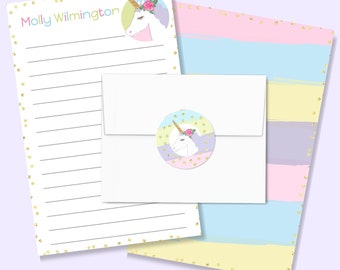 Personalized Girl's Stationery Letter Paper, Unicorn Letter Writing Set, custom lined stationary for kids, for camp, pen pals with envelopes