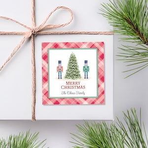 Personalized Nutcracker Christmas Gift Tag, Christmas Present Sticker, Christmas Calling Card, Plaid, Watercolor, Square Labels