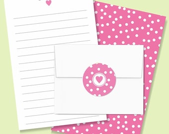 Personalized Girl's Letter Writing Set, Cute Heart and Polka Dots Lined Paper & Stickers, kids camp or pen pal stationery and envelope seals