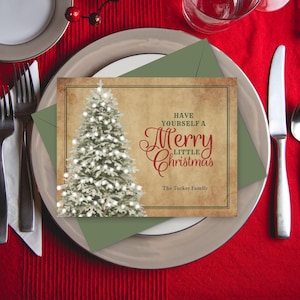 Personalized Christmas Note Cards, Watercolor Christmas Tree Notecard Set, Custom Holiday Greeting Card, vintage, parchment, distressed
