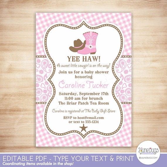 Cowgirl Invitation Baby Shower Western Girl Invite Paisley Editable Pdf